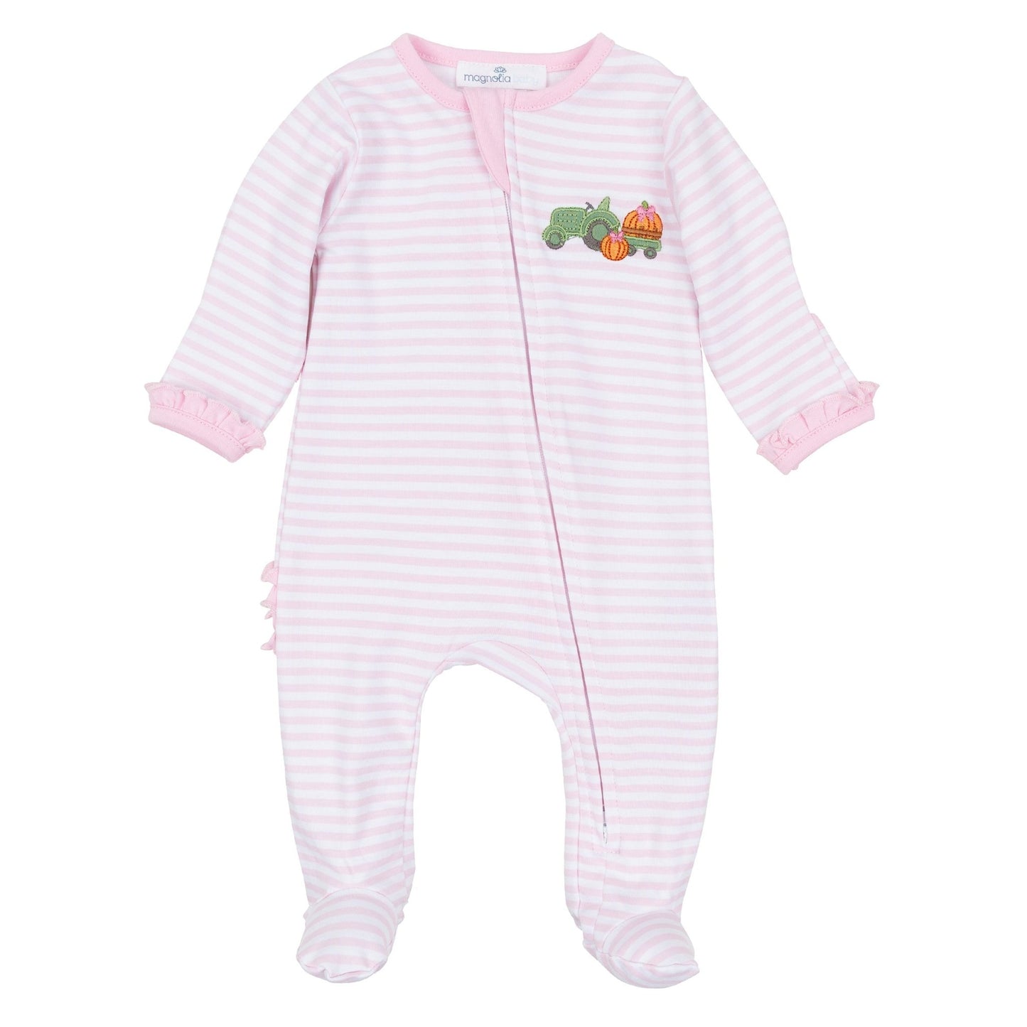 Magnolia Baby_Pumpkin Tractor Applique Ruffle Zip Footie - Pink_1