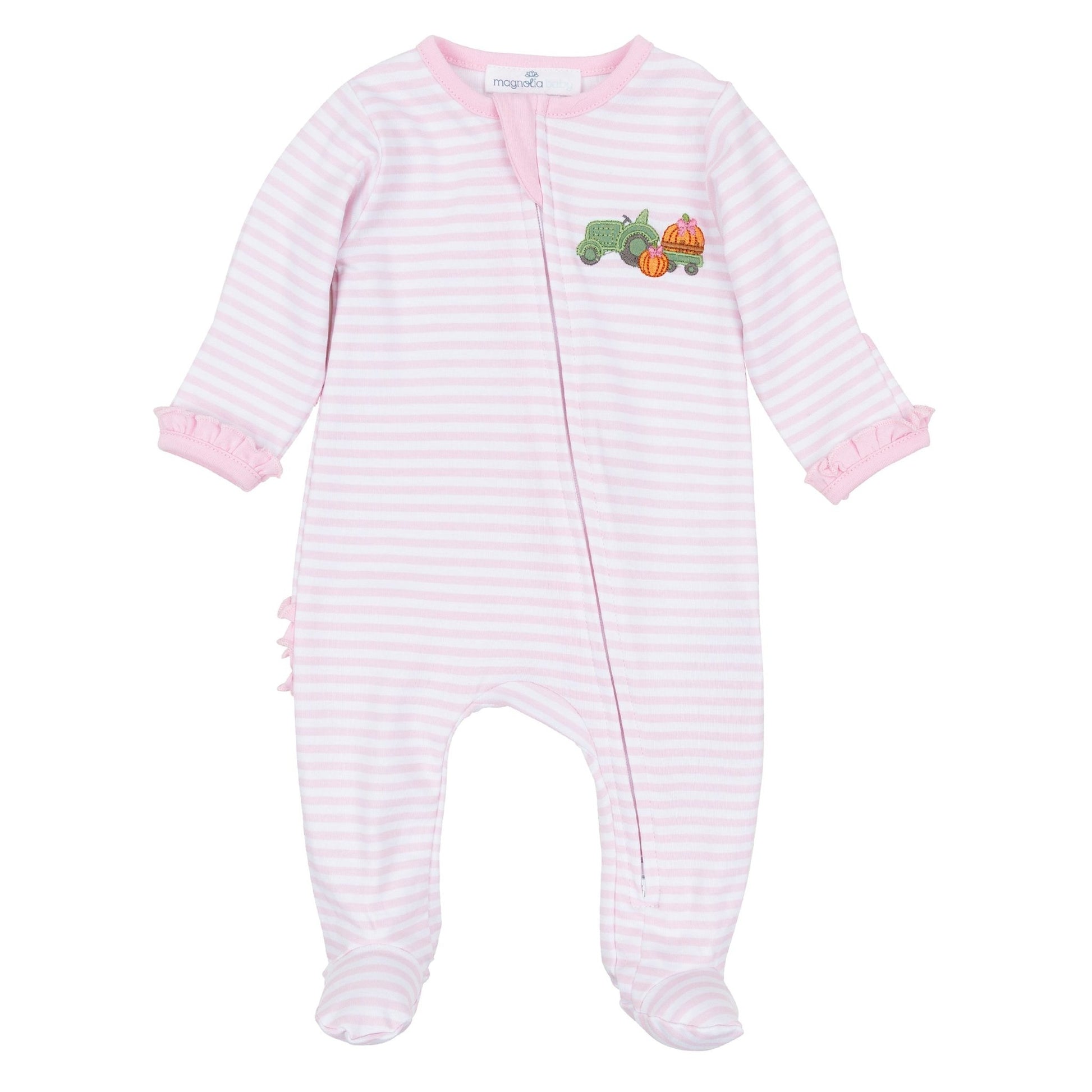 Magnolia Baby_Pumpkin Tractor Applique Ruffle Zip Footie - Pink_1