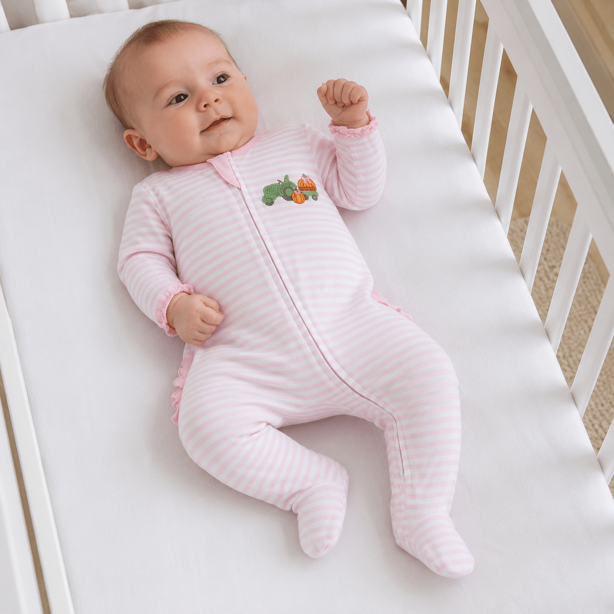 Magnolia Baby_Pumpkin Tractor Applique Ruffle Zip Footie - Pink_1