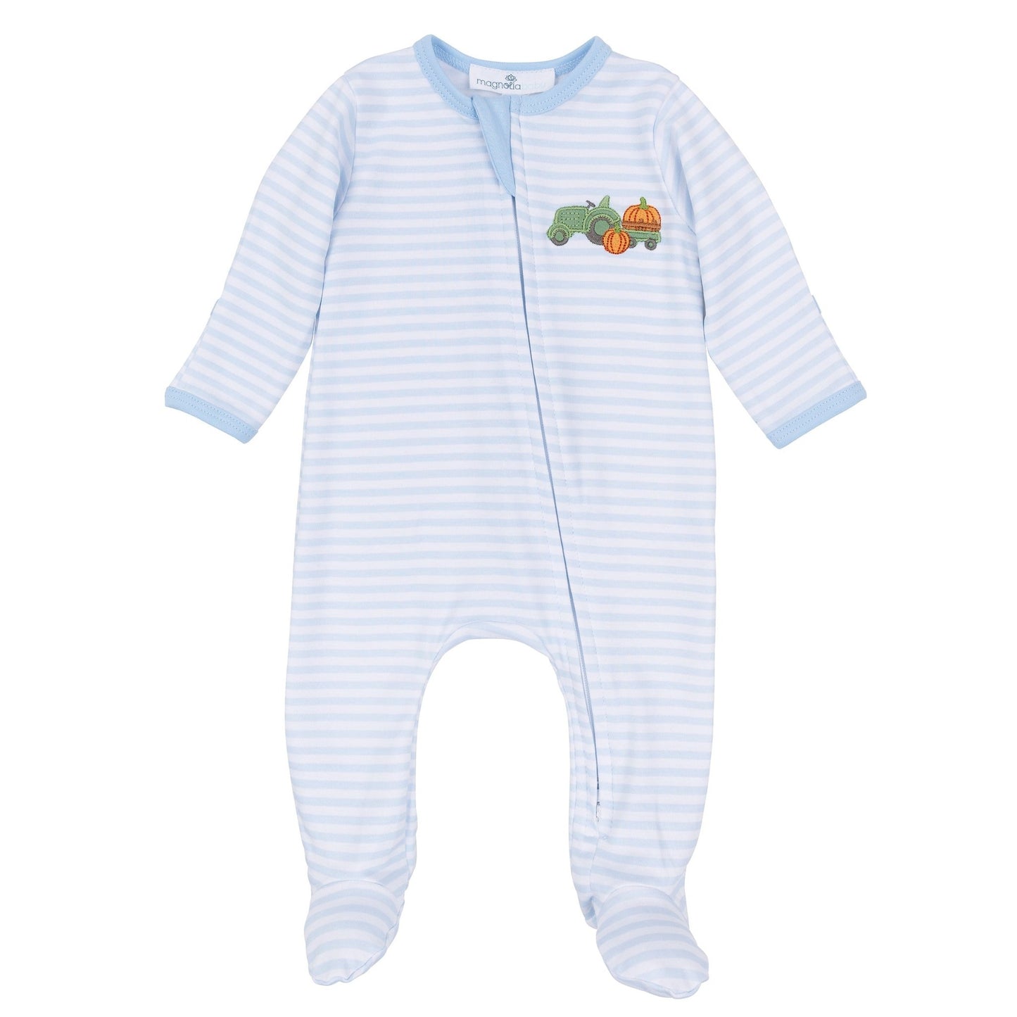 Magnolia Baby_Pumpkin Tractor Applique Zip Footie - Light Blue_1