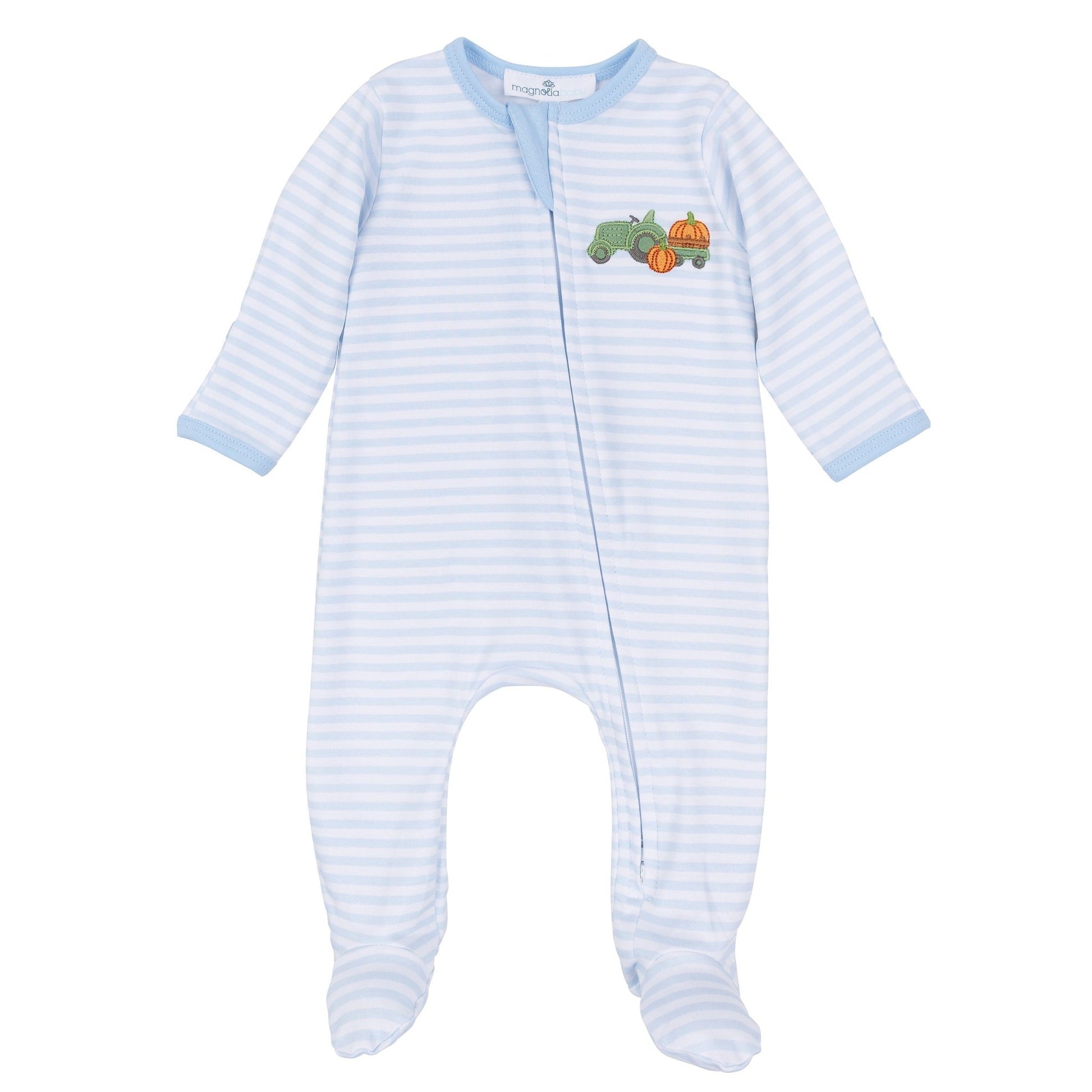 Magnolia Baby_Pumpkin Tractor Applique Zip Footie - Light Blue_1