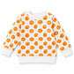 A white long-sleeve crewneck sweatshirt for kids, featuring an all-over print of orange watercolor pumpkins with green stems and leaves. The sweatshirt has white ribbed cuffs and hem.