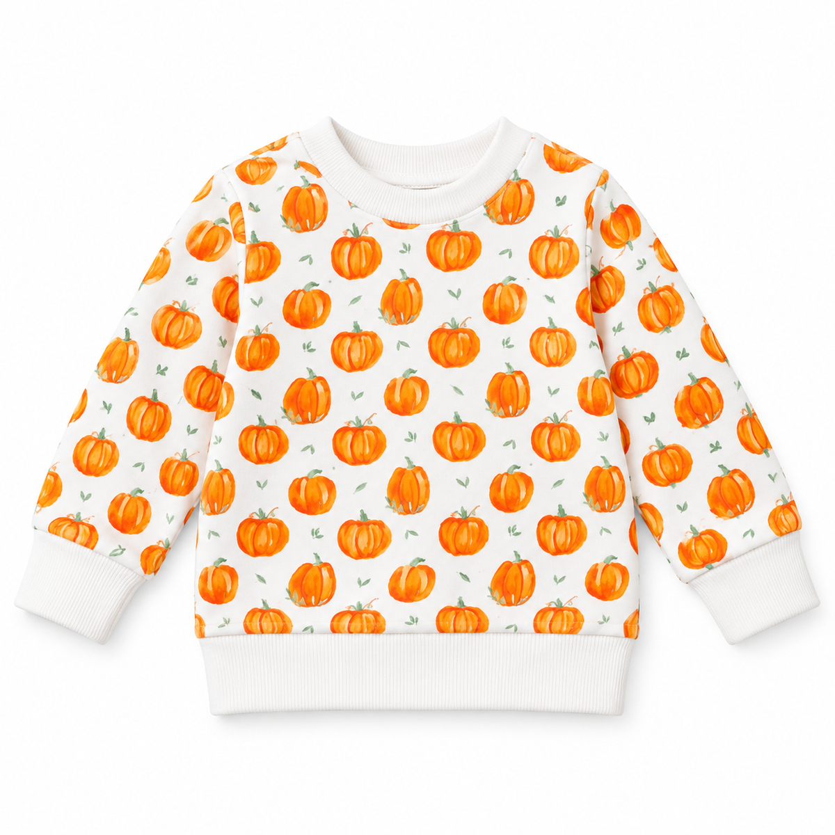 A white long-sleeve crewneck sweatshirt for kids, featuring an all-over print of orange watercolor pumpkins with green stems and leaves. The sweatshirt has white ribbed cuffs and hem.