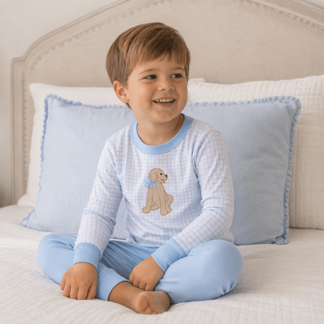 Puppy Playtime Applique Long Pajamas - Light Blue - Magnolia BabyLong Pajamas