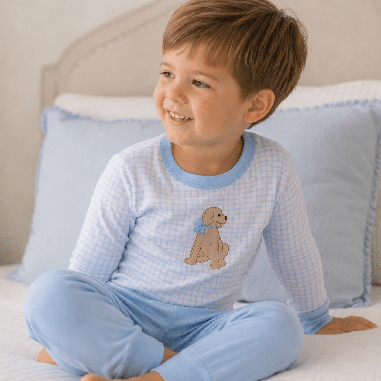 Puppy Playtime Applique Long Pajamas - Light Blue - Magnolia BabyLong Pajamas