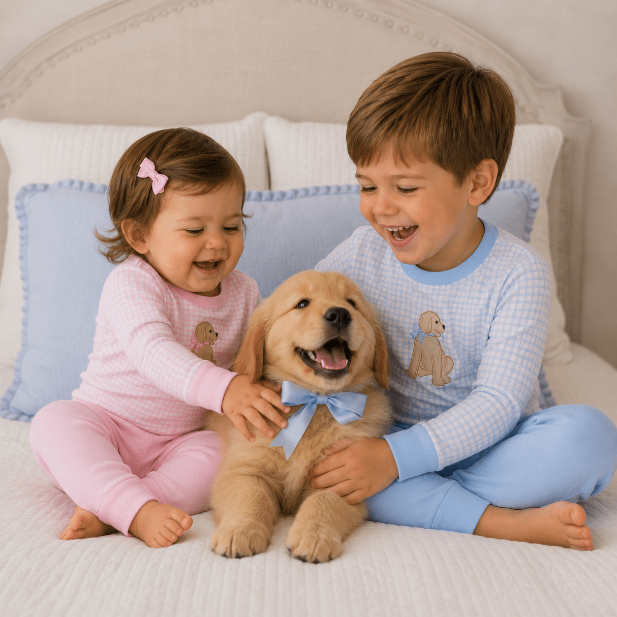 Puppy Playtime Applique Long Pajamas - Light Blue - Magnolia BabyLong Pajamas