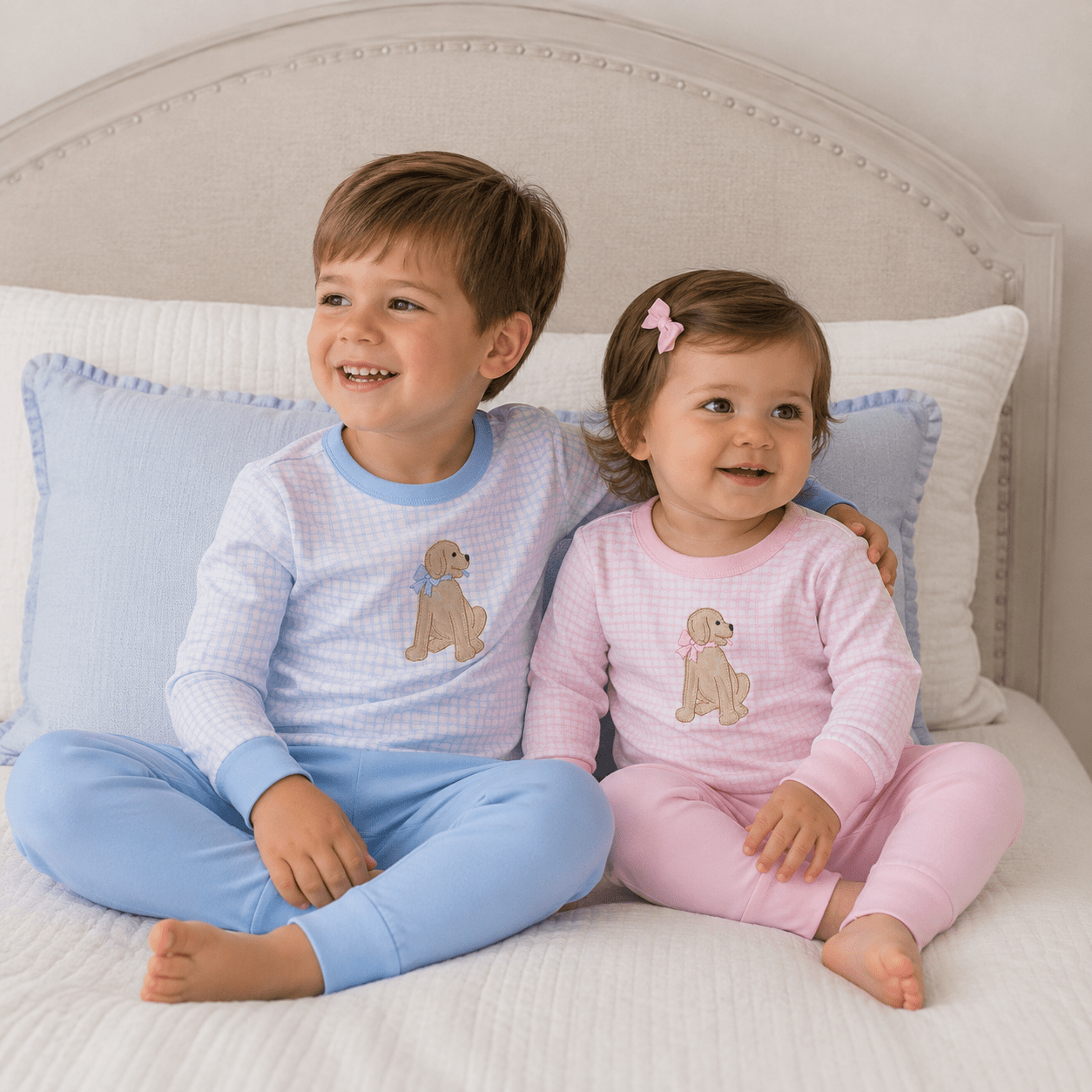 Puppy Playtime Applique Long Pajamas - Light Blue - Magnolia BabyLong Pajamas