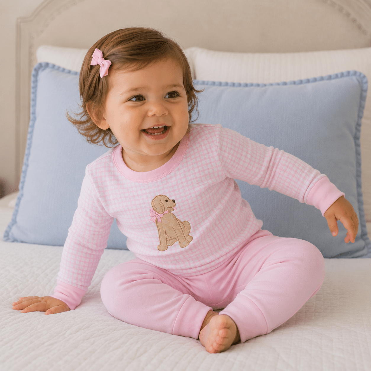 Puppy Playtime Applique Long Pajamas - Pink - Magnolia BabyLong Pajamas