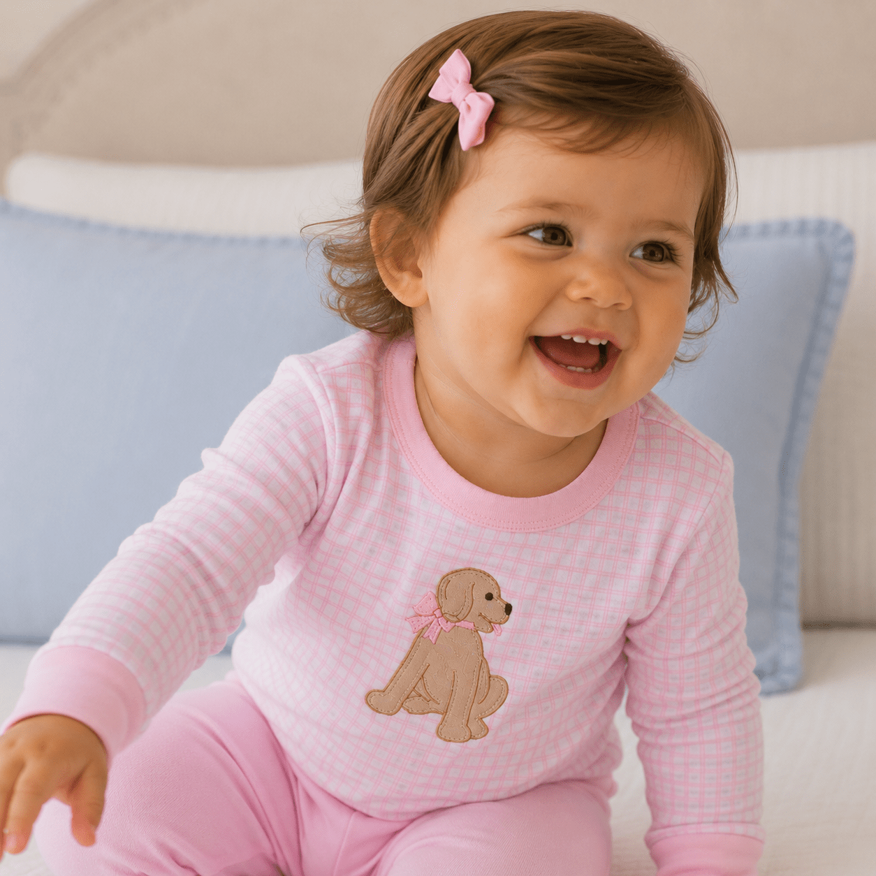 Puppy Playtime Applique Long Pajamas - Pink - Magnolia BabyLong Pajamas