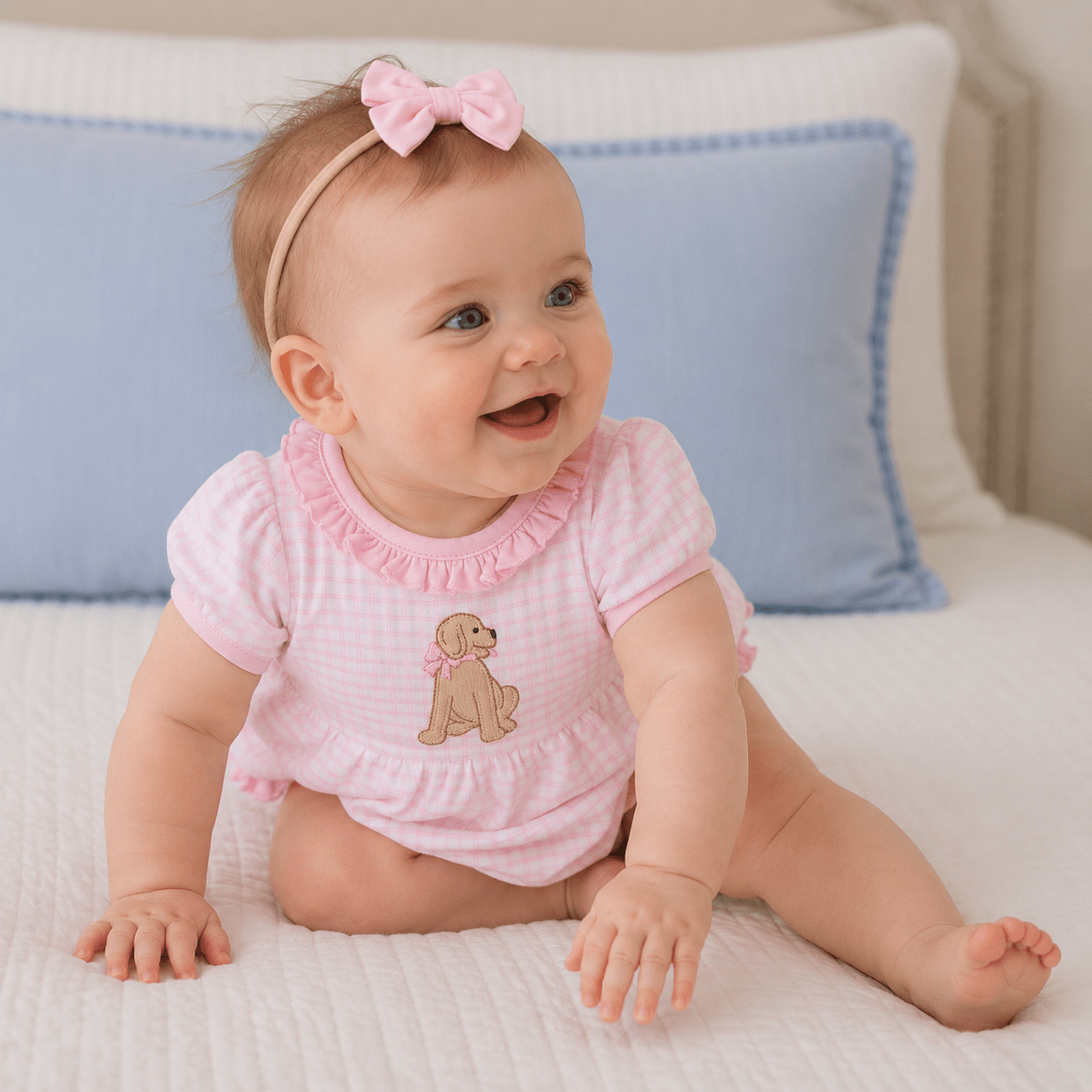 Puppy Playtime Applique Ruffle Bubble - Pink - Magnolia BabyBubble