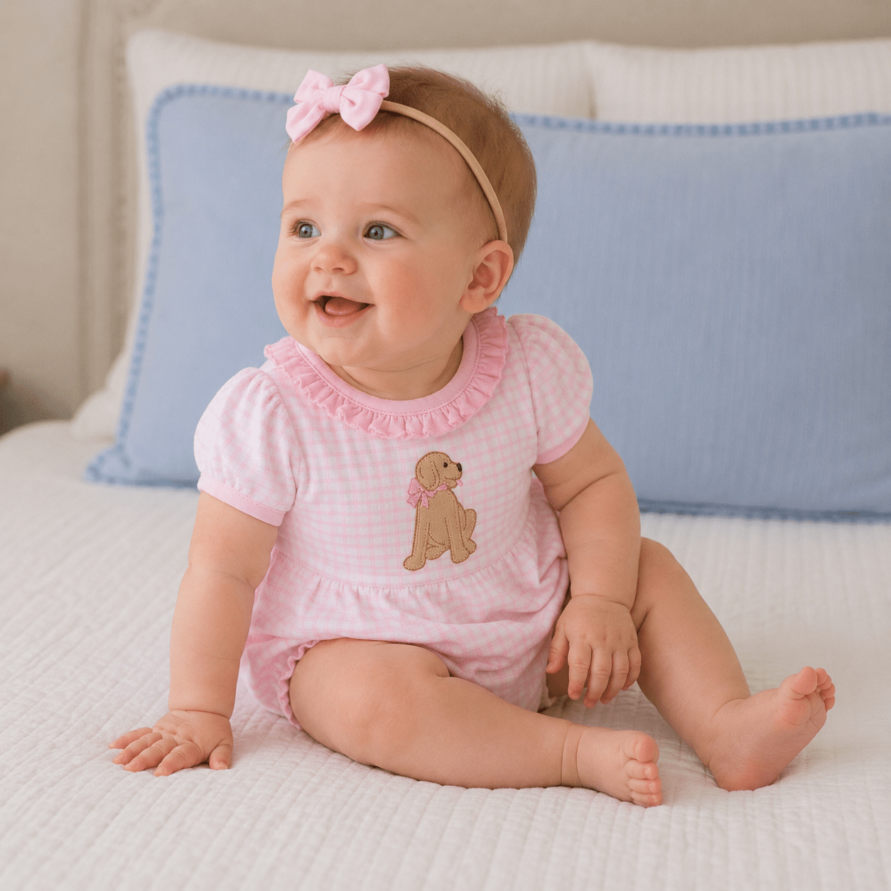 Puppy Playtime Applique Ruffle Bubble - Pink - Magnolia BabyBubble