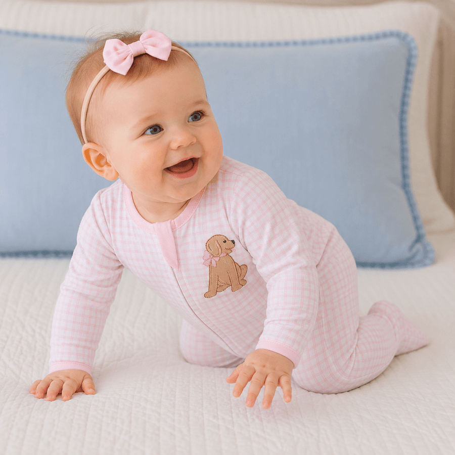 Puppy Playtime Applique Zip Footie - Pink - Magnolia BabyFootie