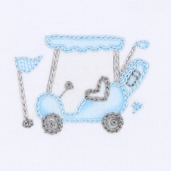Putting Around Blue Embroidered Short Sleeve Boy Bubble - Magnolia BabyBubble