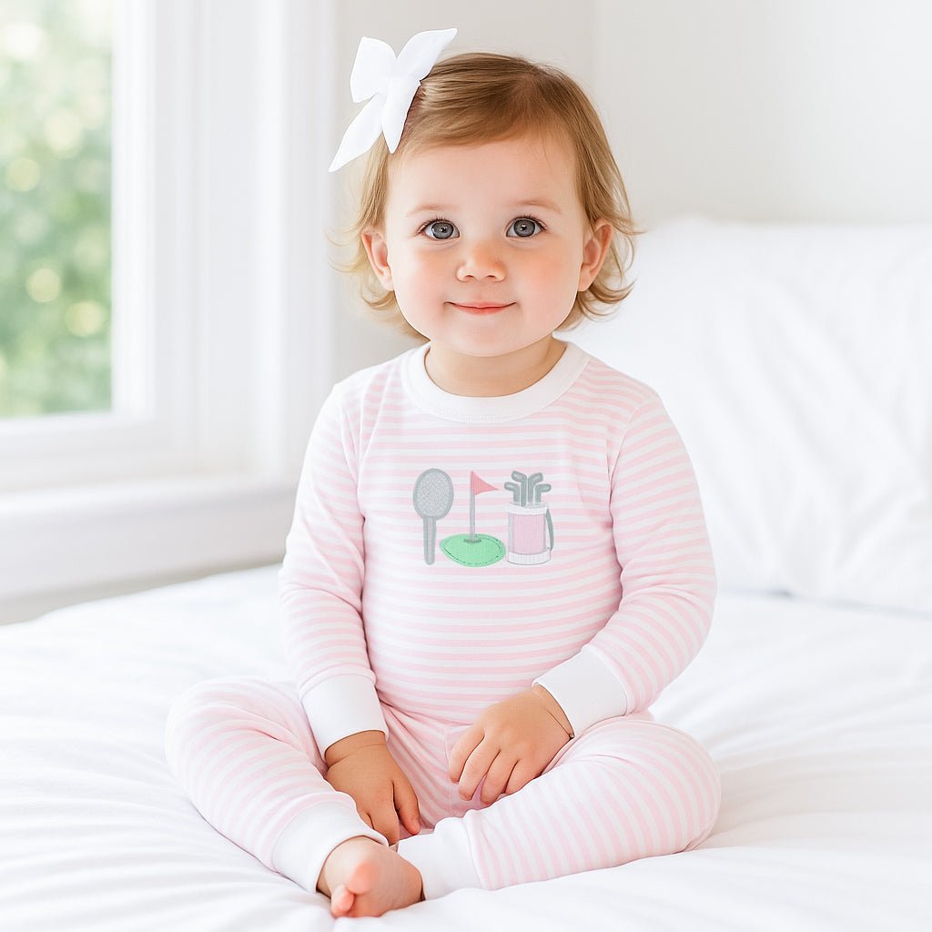 Putting Green Applique Long Pajamas - Pink - Magnolia BabyLong Pajamas