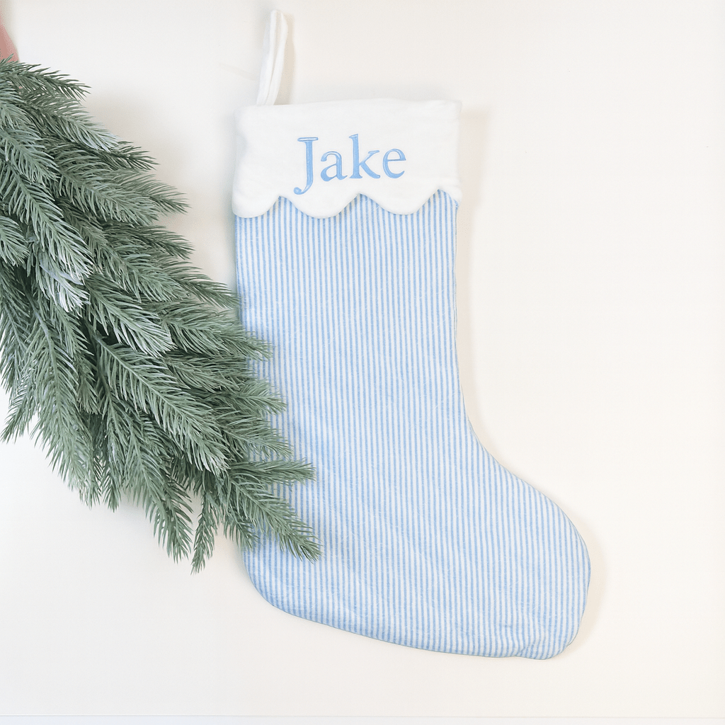 Quilted Seersucker Scalloped Stocking - Blue - Personalization Available - Magnolia BabyStocking