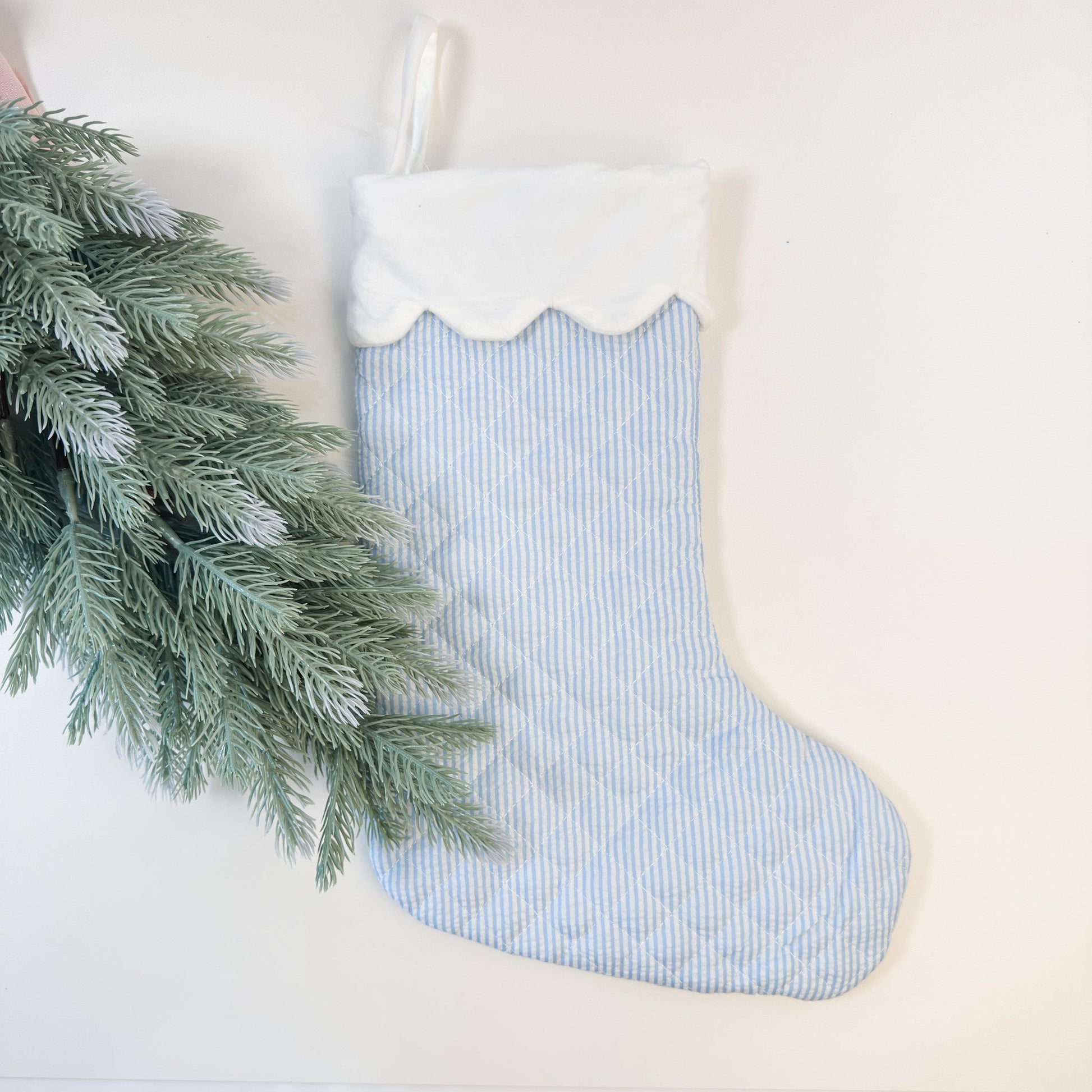 Quilted Seersucker Scalloped Stocking - Blue - Personalization Available - Magnolia BabyStocking