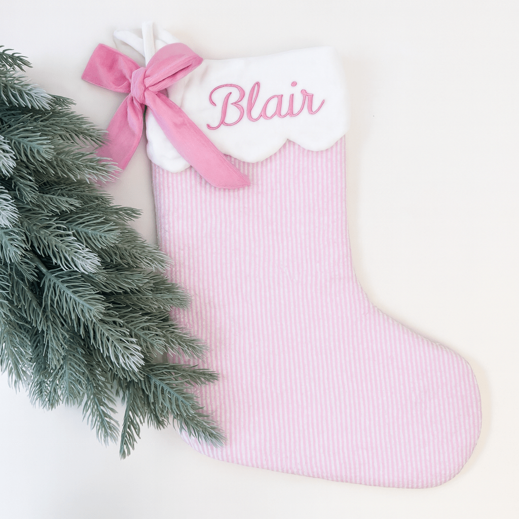 Quilted Seersucker Scalloped Stocking - Pink - Personalization Available - Magnolia BabyStocking