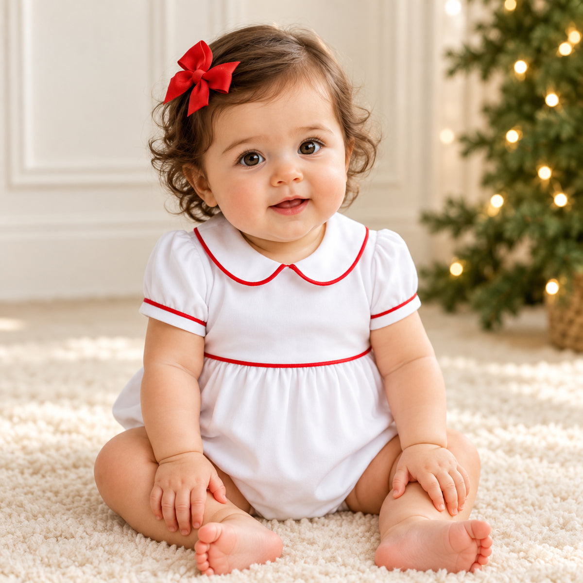Essentials Collared Ruffle Short Sleeve Girl Bubble - White with Red