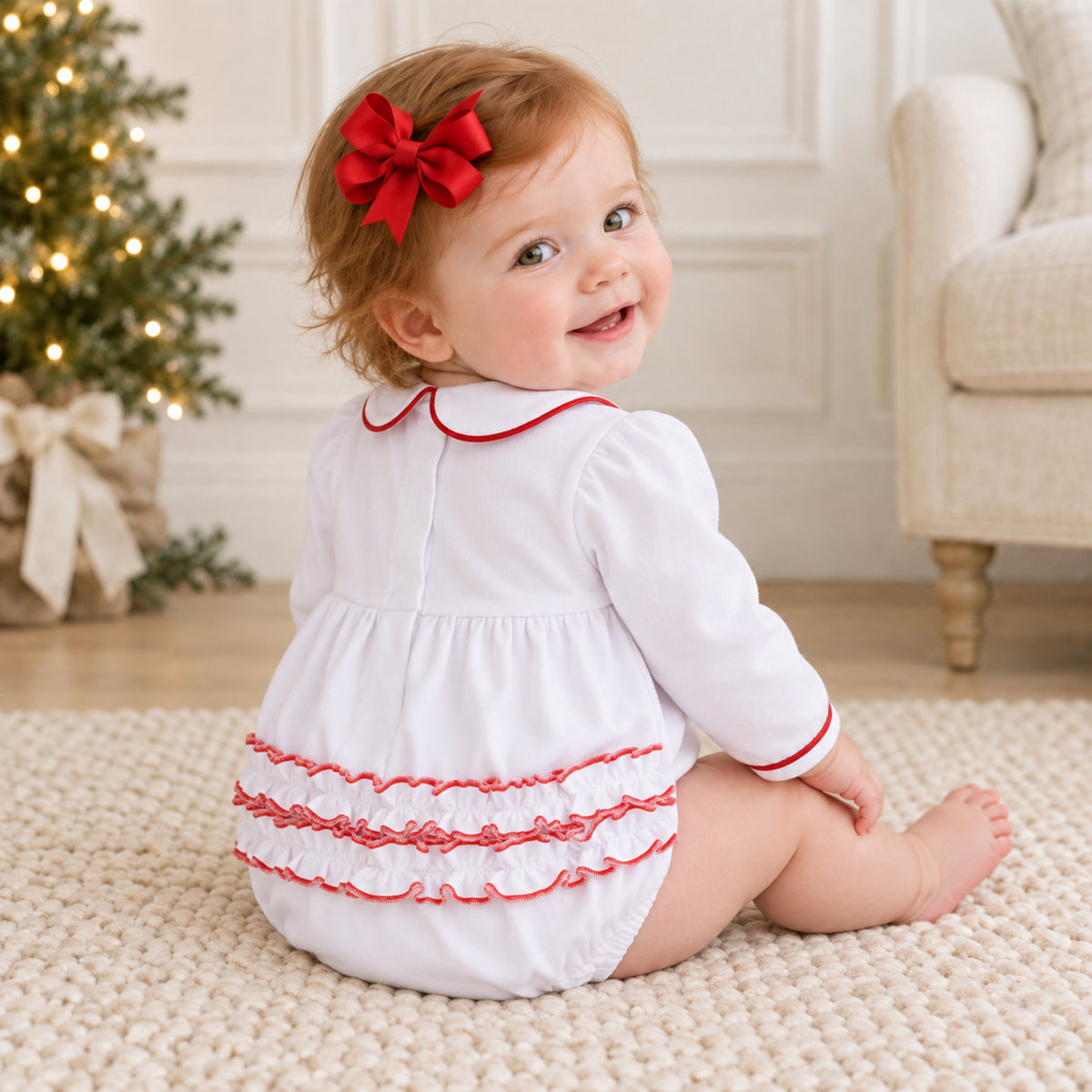 Essentials Collared Ruffle Long Sleeve Girl Bubble - White with Red