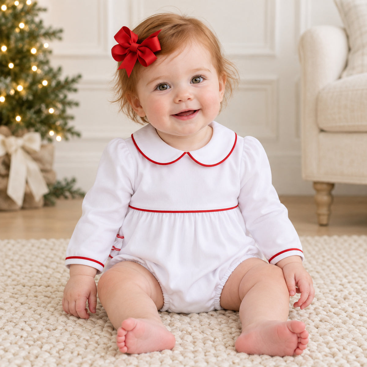 Essentials Collared Ruffle Long Sleeve Girl Bubble - White with Red