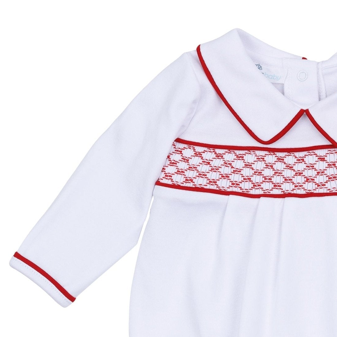 Essentials Smocked Long Sleeve Boy Bubble - White with Red
