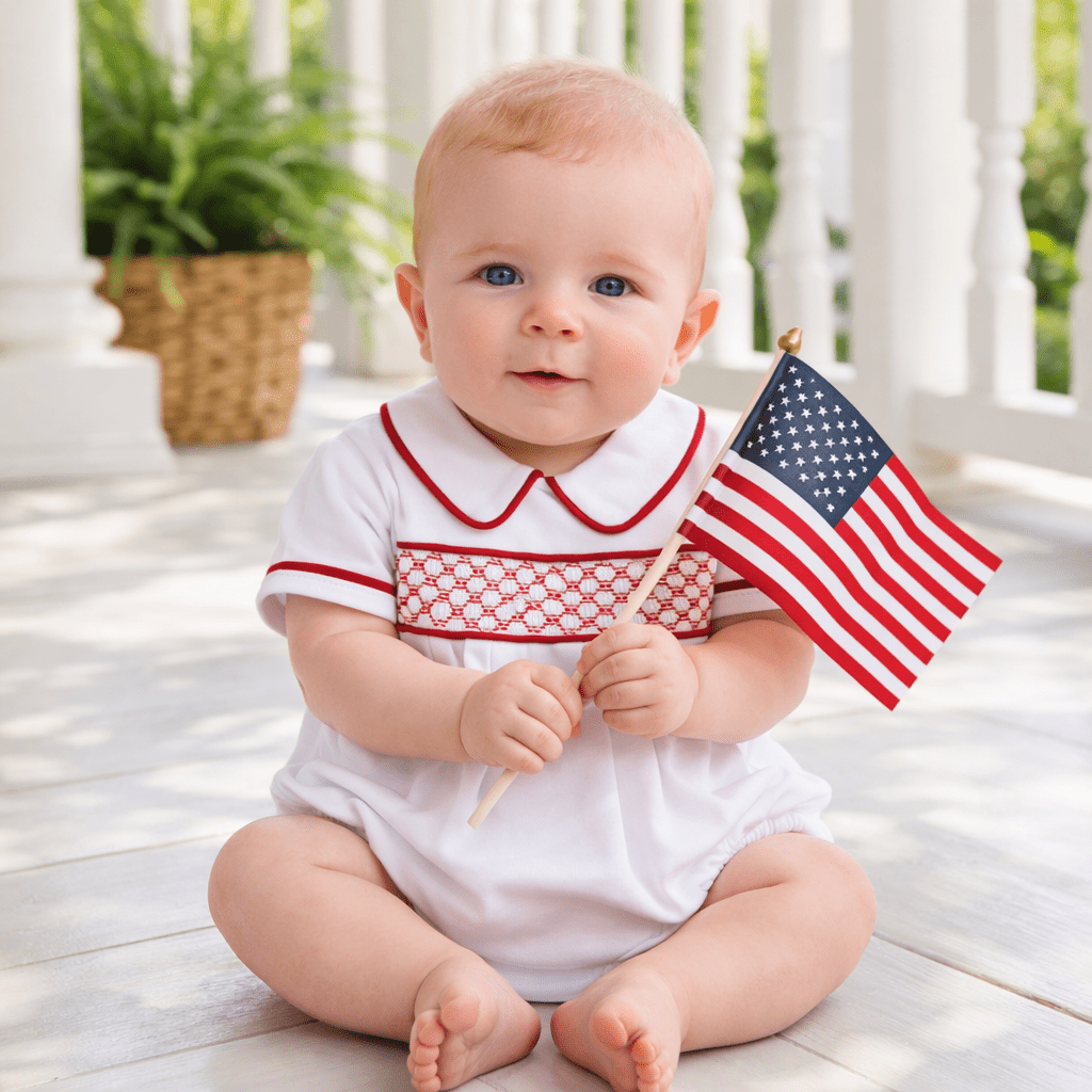 Red and White Essentials Smocked Short Sleeve Boy Bubble - Magnolia BabyBubble