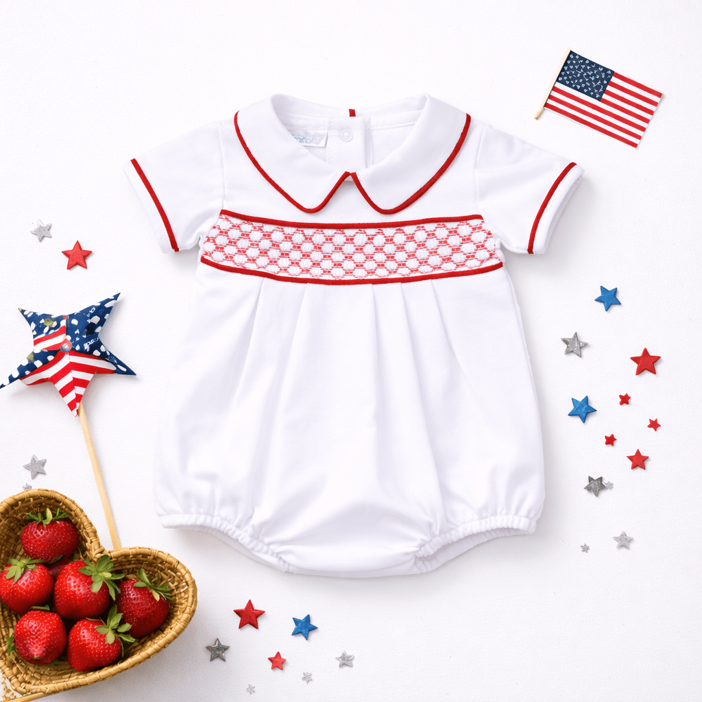 Red and White Essentials Smocked Short Sleeve Boy Bubble - Magnolia BabyBubble