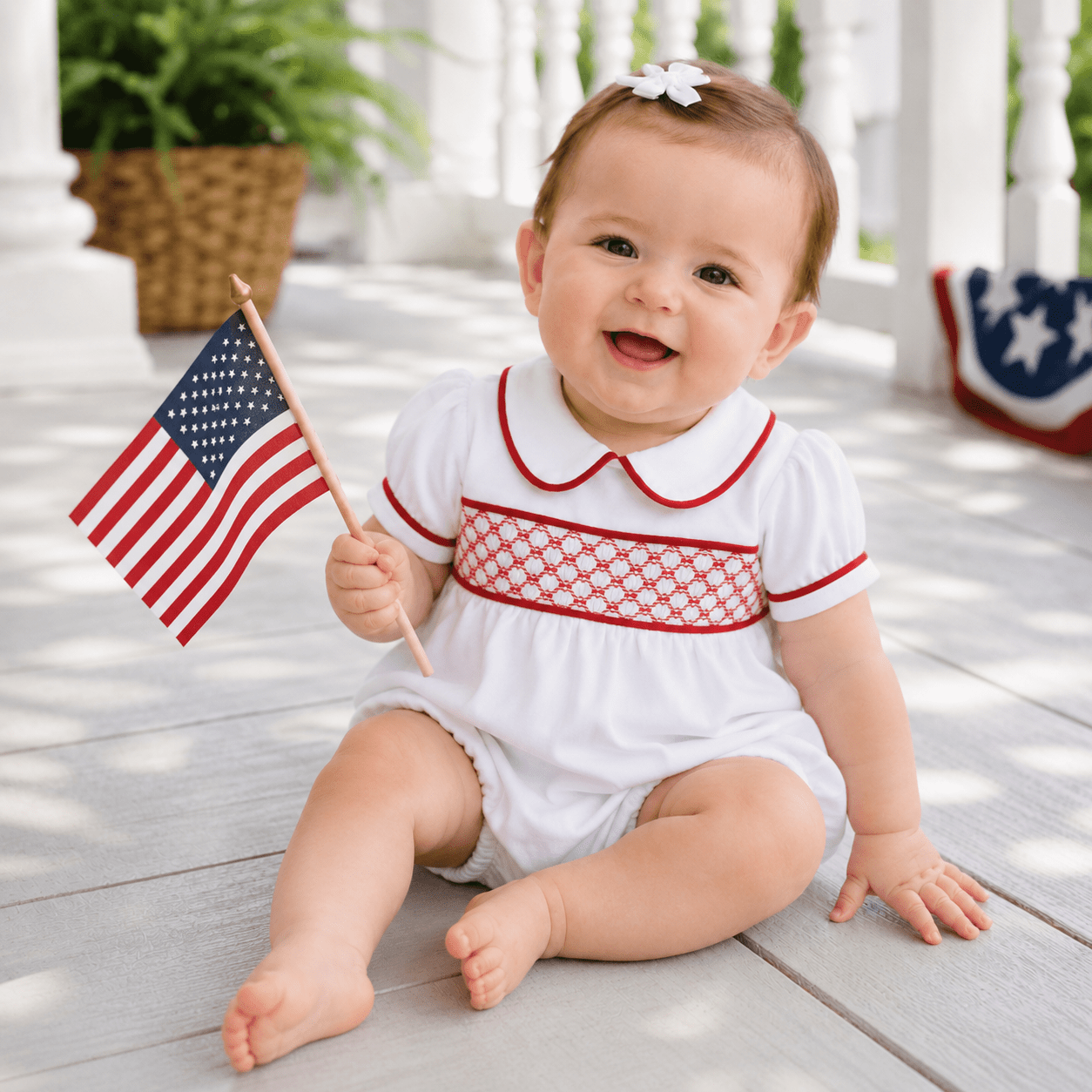 Red and White Essentials Smocked Short Sleeve Girl Bubble - Magnolia BabyBubble