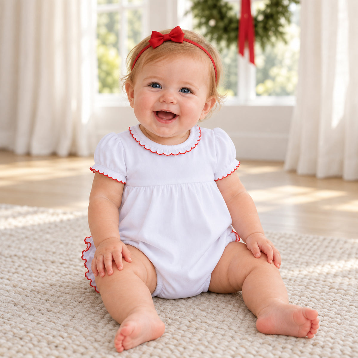 Essentials White Ruffle Short Sleeve Bubble - Red Trim