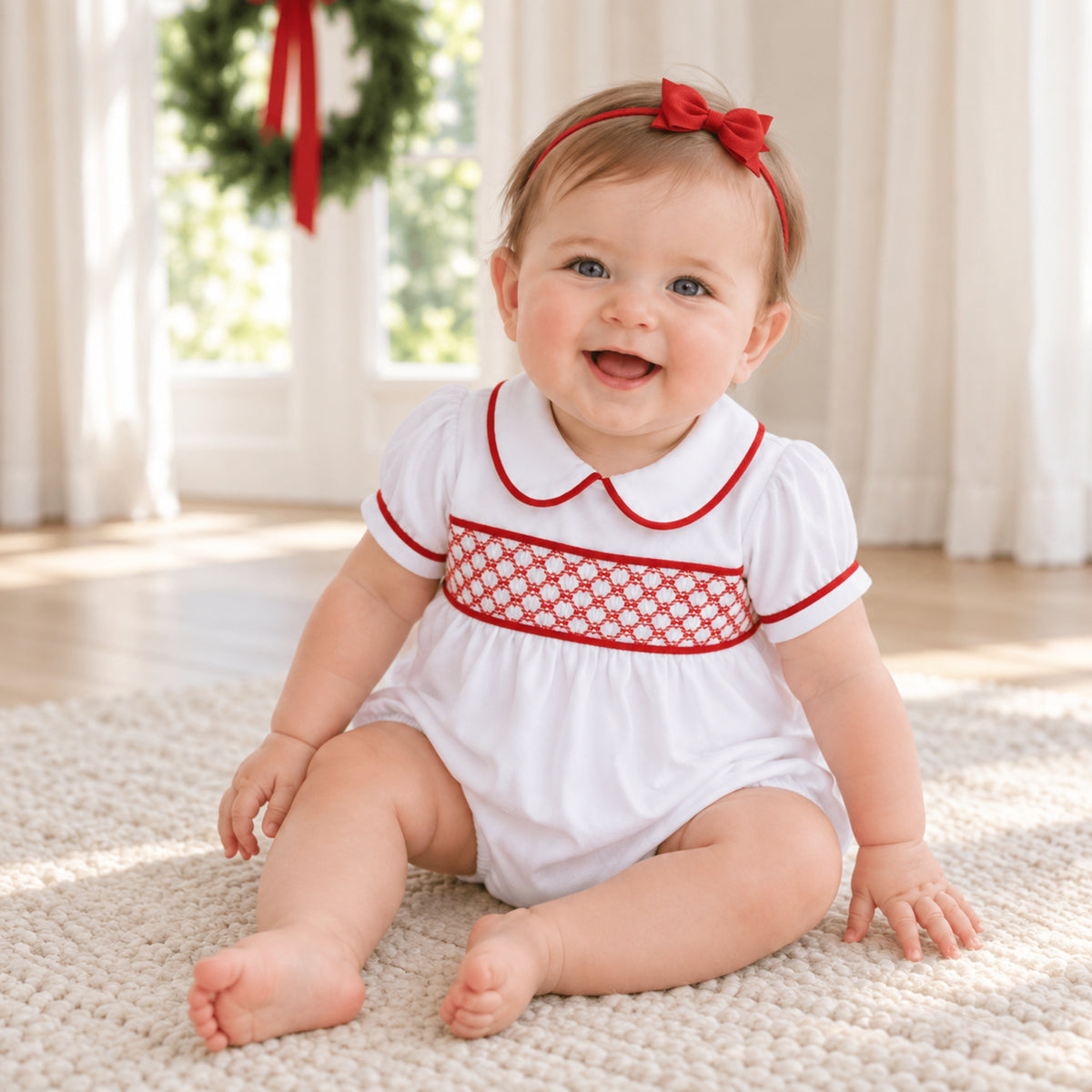 Essentials Smocked Short Sleeve Girl Bubble - White with Red