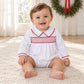 Essentials Smocked Long Sleeve Boy Bubble - White with Red