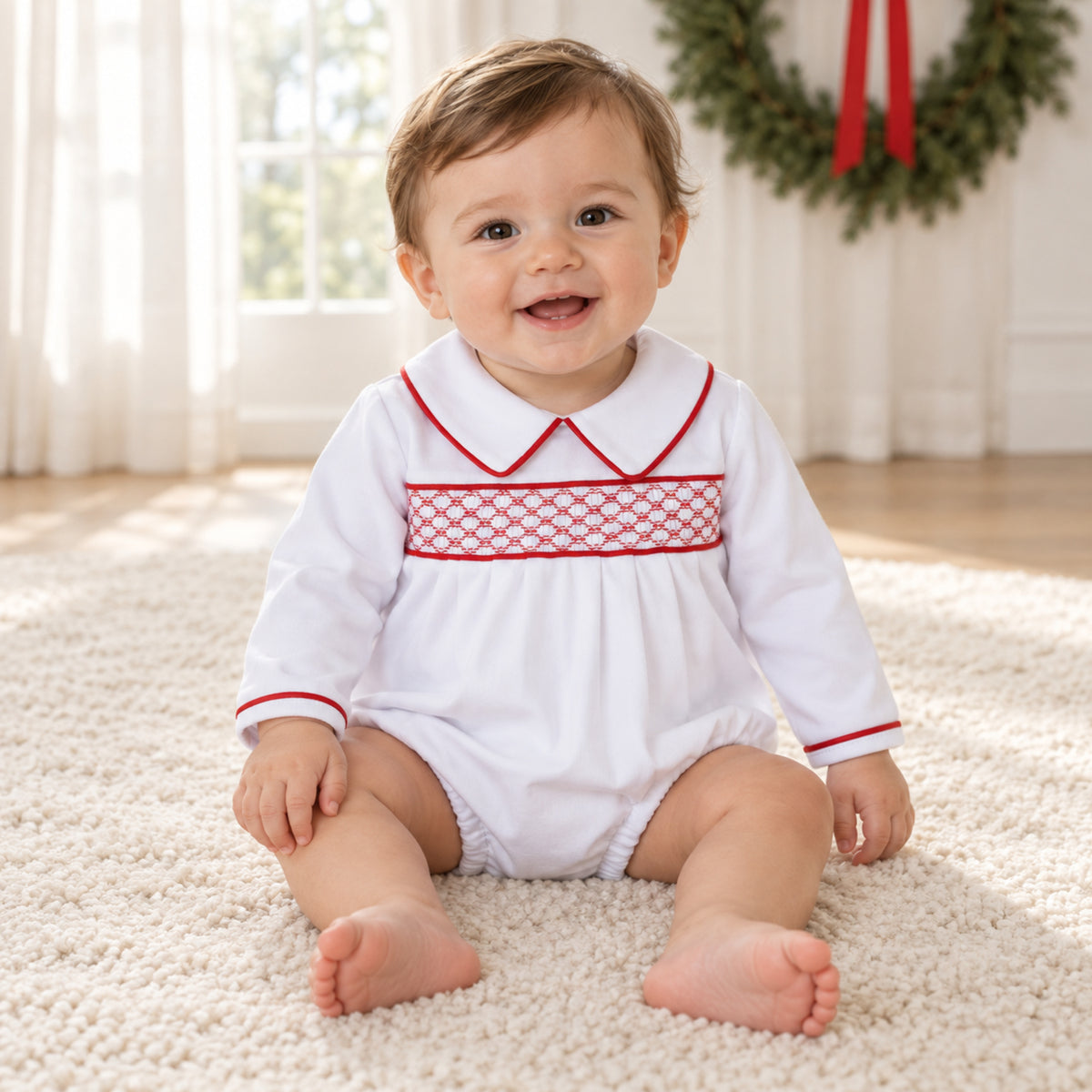 Essentials Smocked Long Sleeve Boy Bubble - White with Red