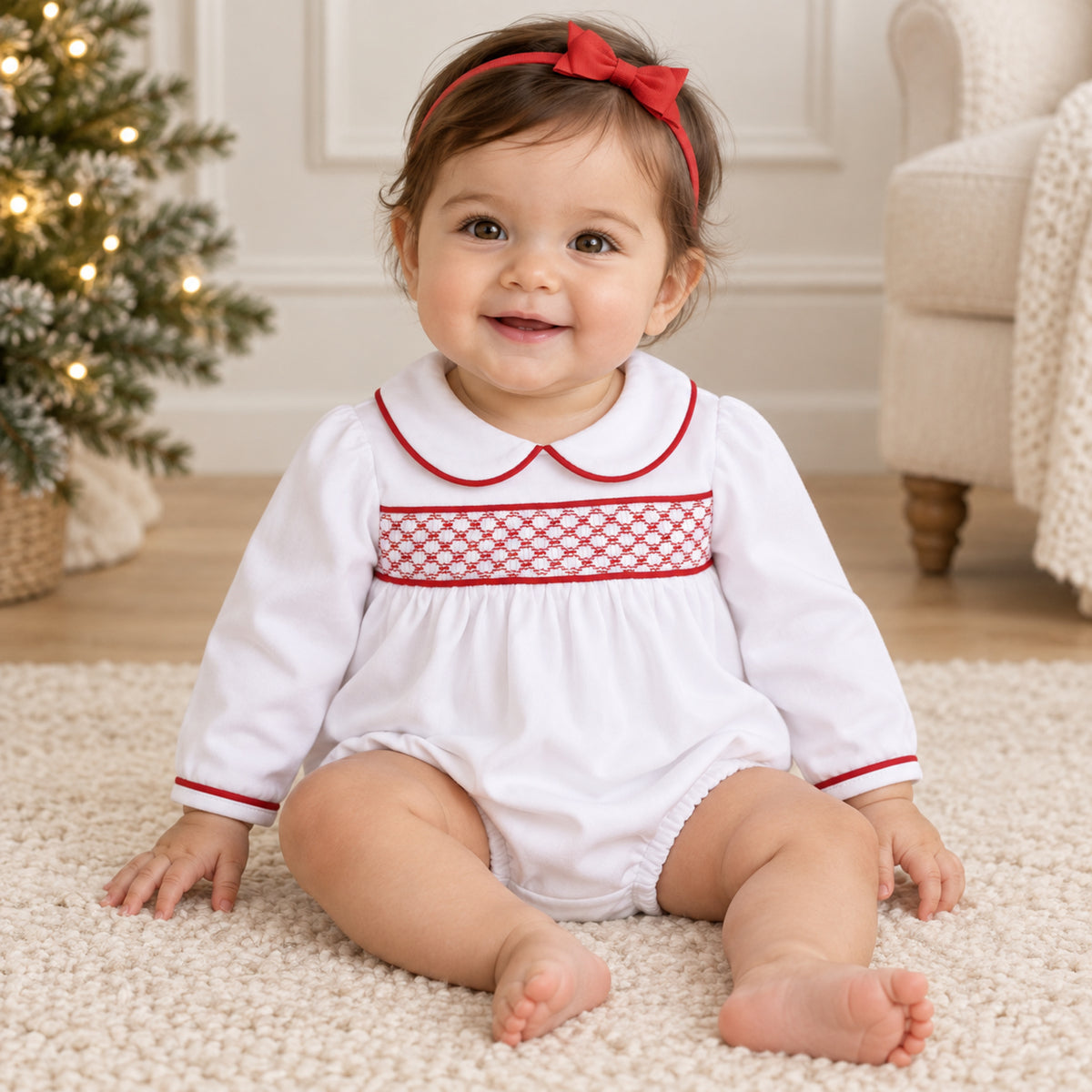 Essentials Smocked Long Sleeve White Bubble - Red Trim