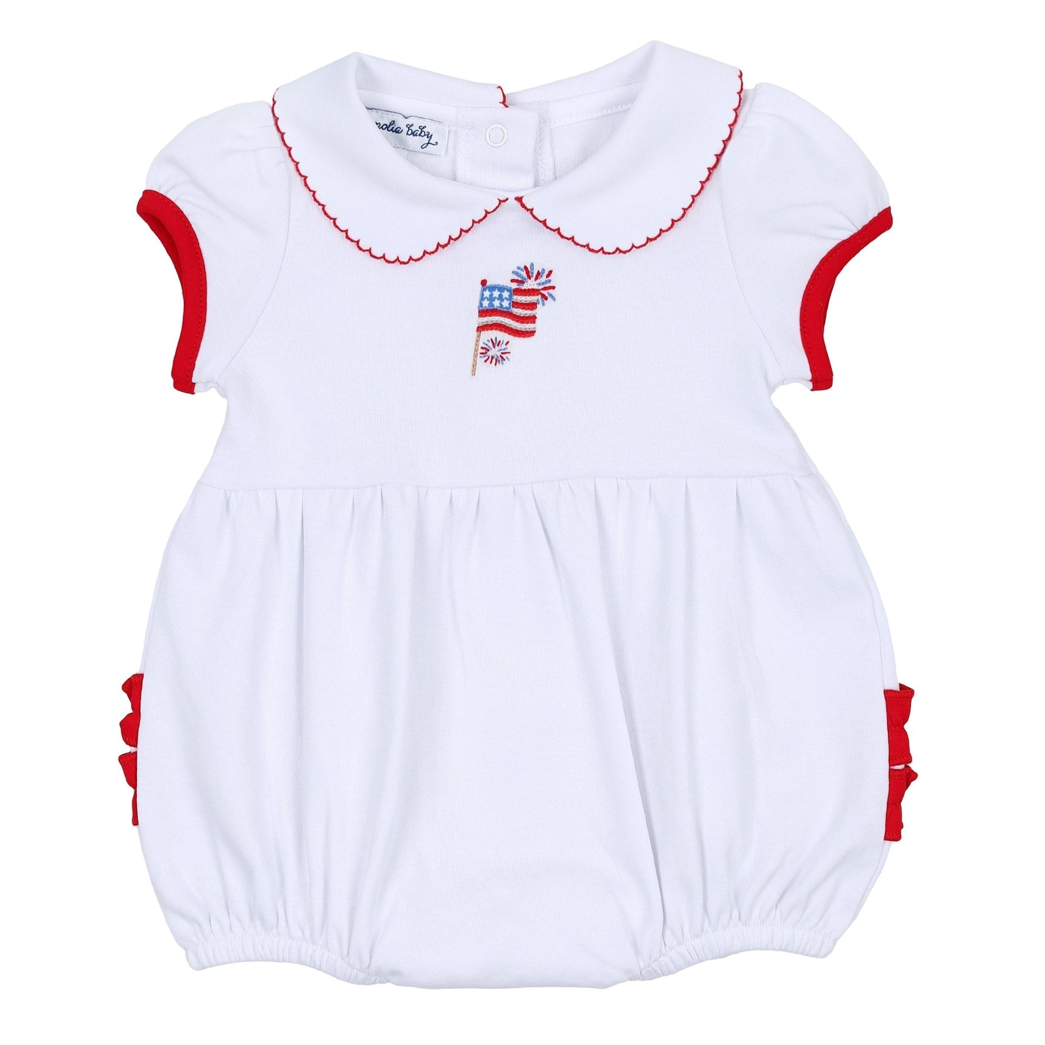 Red, White & Blue! Embroidered Collared Ruffle Bubble - Magnolia BabyBubble
