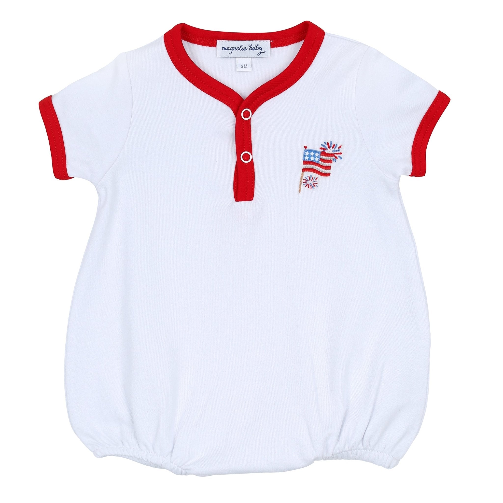 Red, White & Blue! Embroidered Front Snap Short Sleeve Bubble - Magnolia BabyBubble