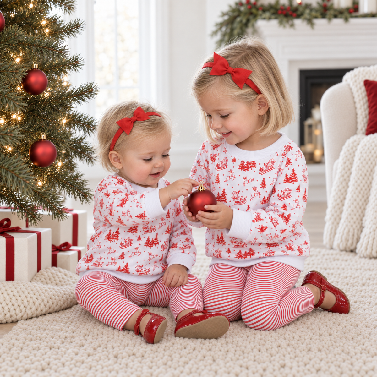 Girl Playwear Set - Red Holiday Toile Sweatshirt & Leggings
