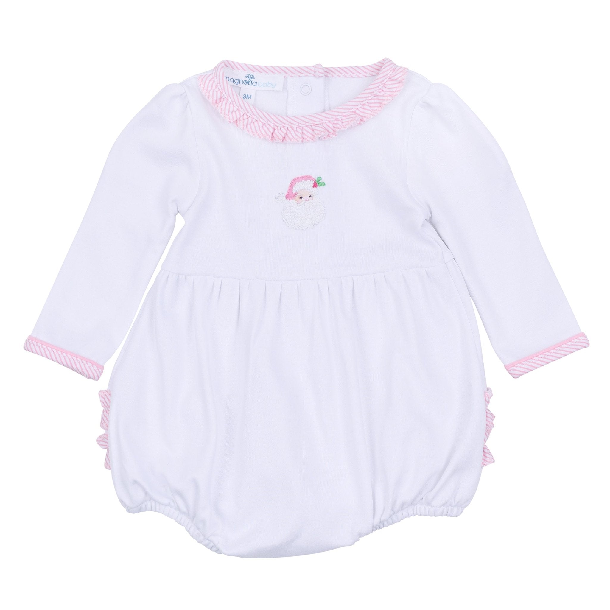 Santa Baby Embroidered Ruffle Long Sleeve Bubble - Pink - Magnolia BabyBubble