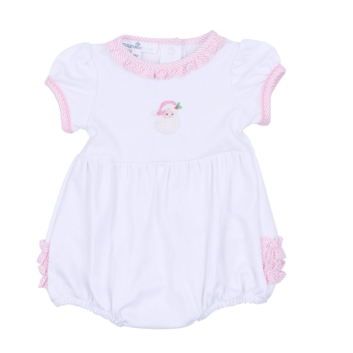 Santa Baby Embroidered Ruffle Short Sleeve Bubble - Pink - Magnolia BabyBubble