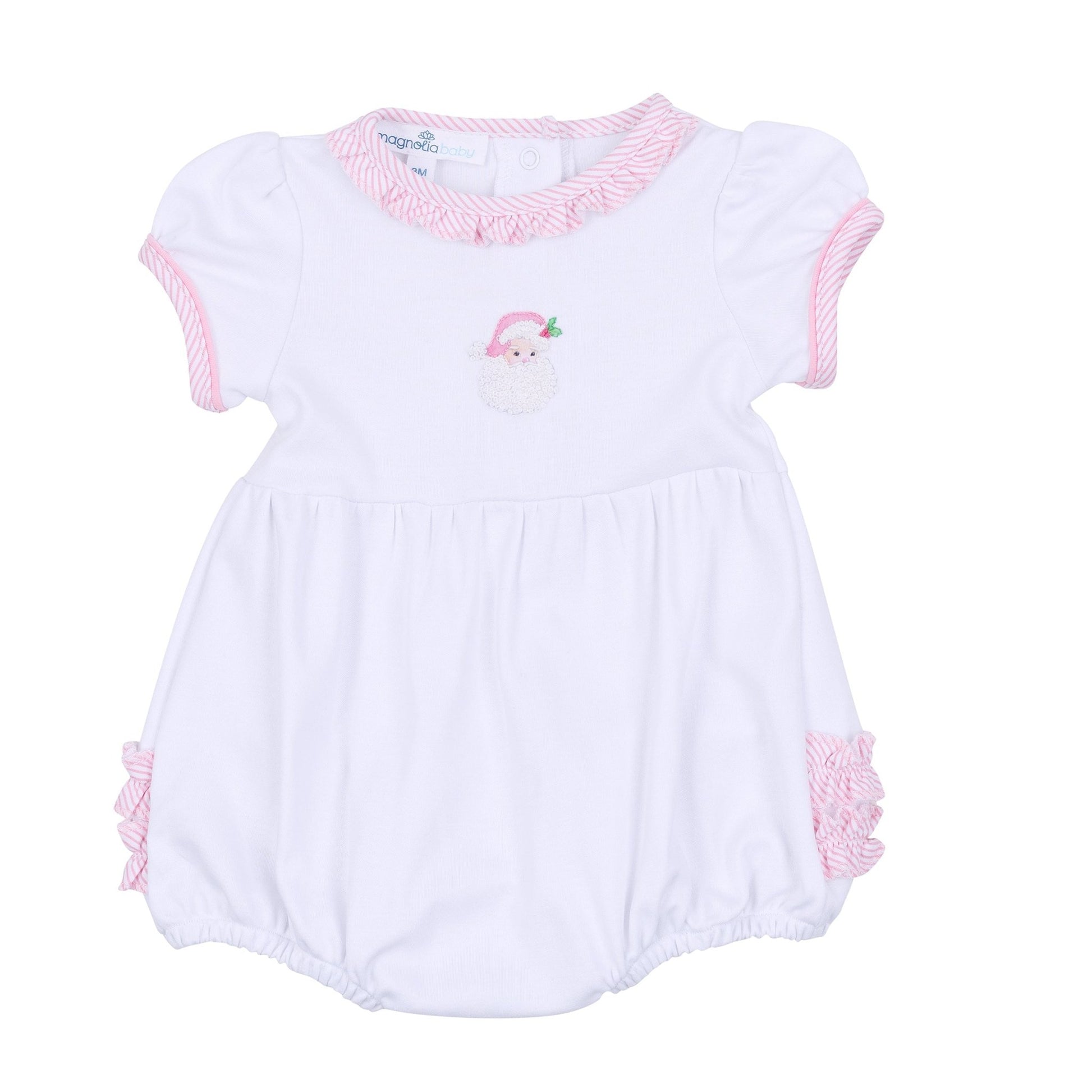Santa Baby Embroidered Ruffle Short Sleeve Bubble - Pink - Magnolia BabyBubble