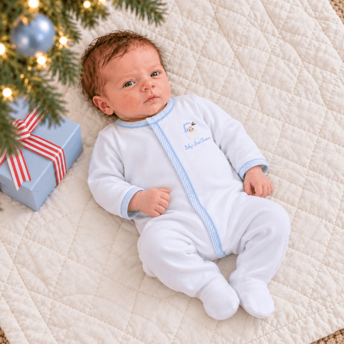Magnolia Baby_Santa Baby Hand-Embroidered Baby's First Christmas Boy Footie_1