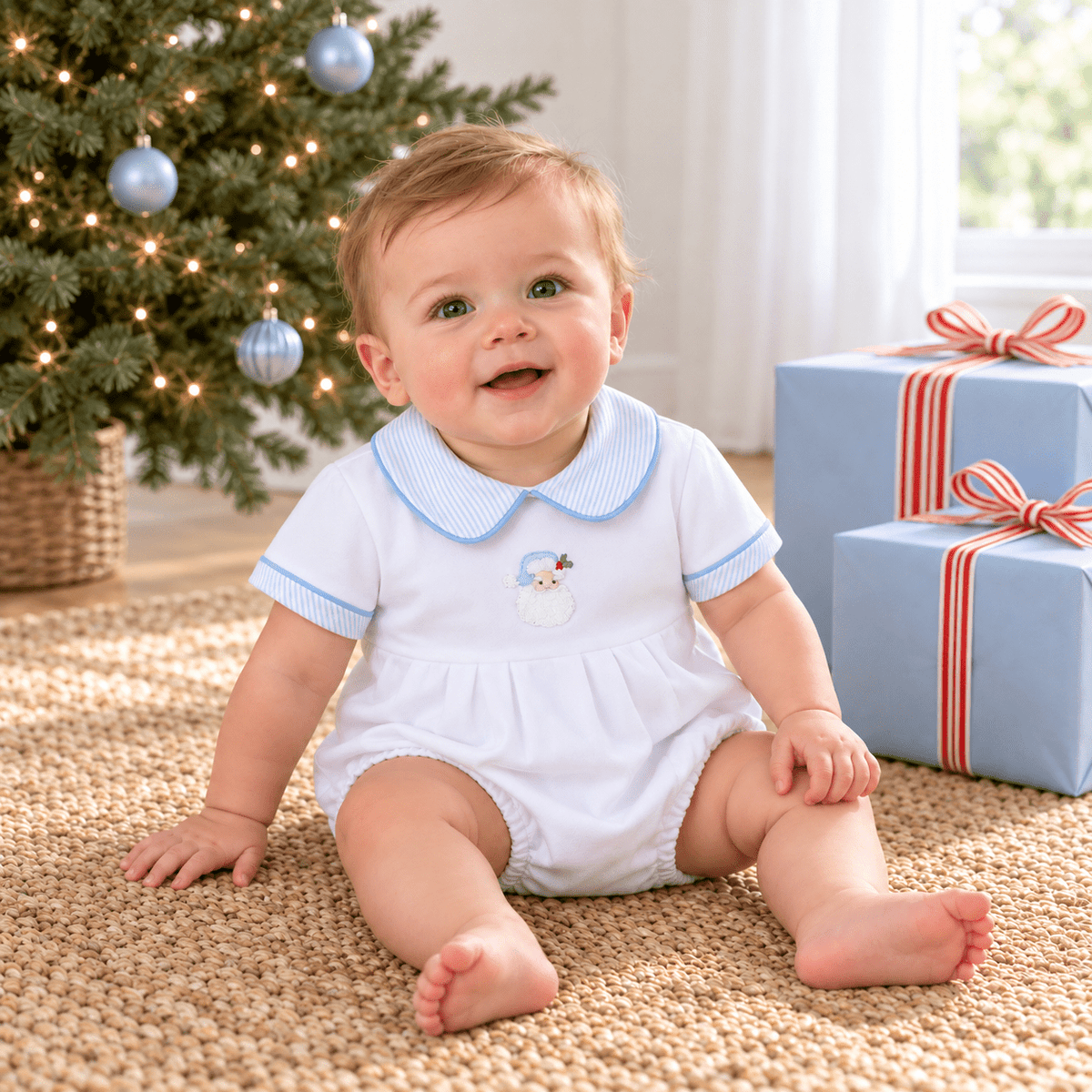 Magnolia Baby_Santa Baby Hand-Embroidered Collared Short Sleeve Bubble - Light Blue_1