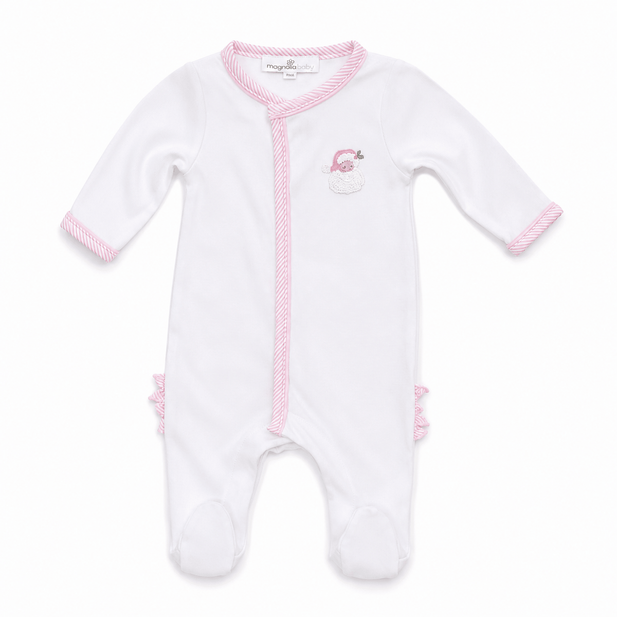 Magnolia Baby_Santa Baby Hand-Embroidered Ruffle Footie - Pink_1