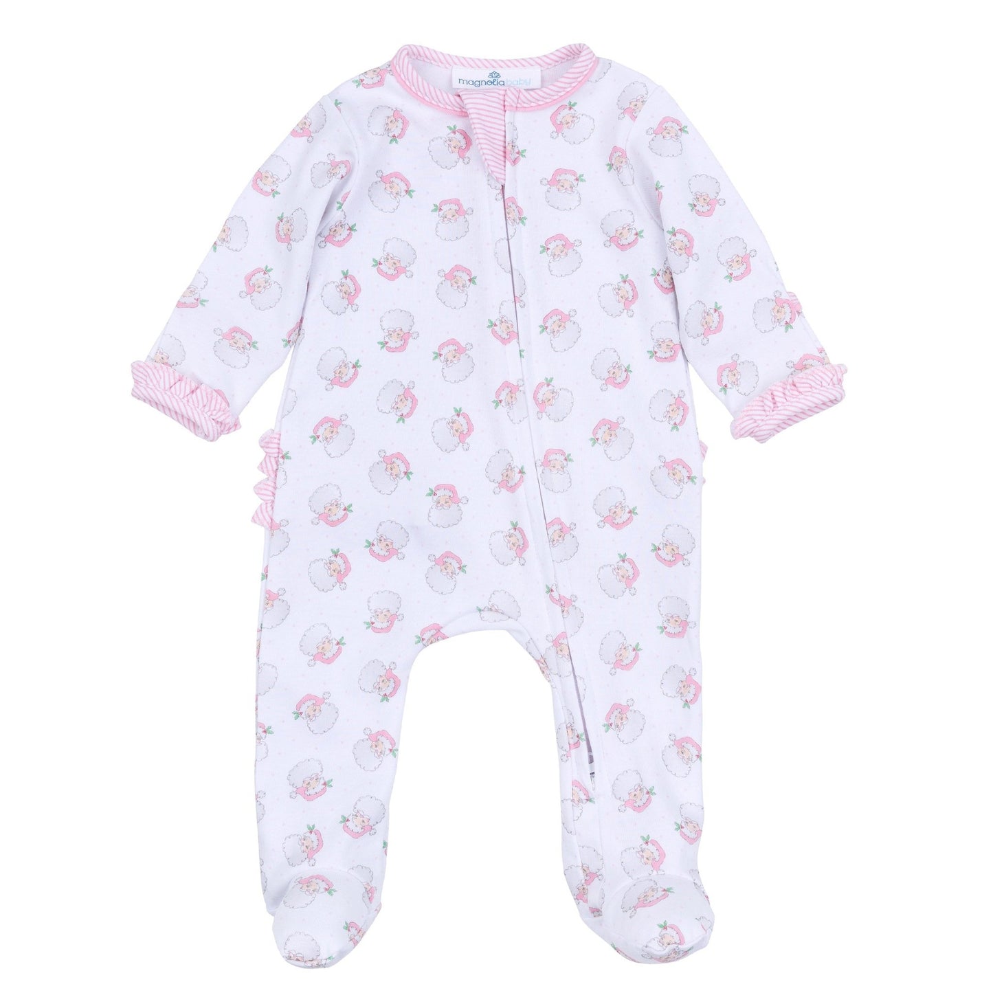 Santa Baby Print Ruffle Zip Footie - Pink - Magnolia BabyFootie