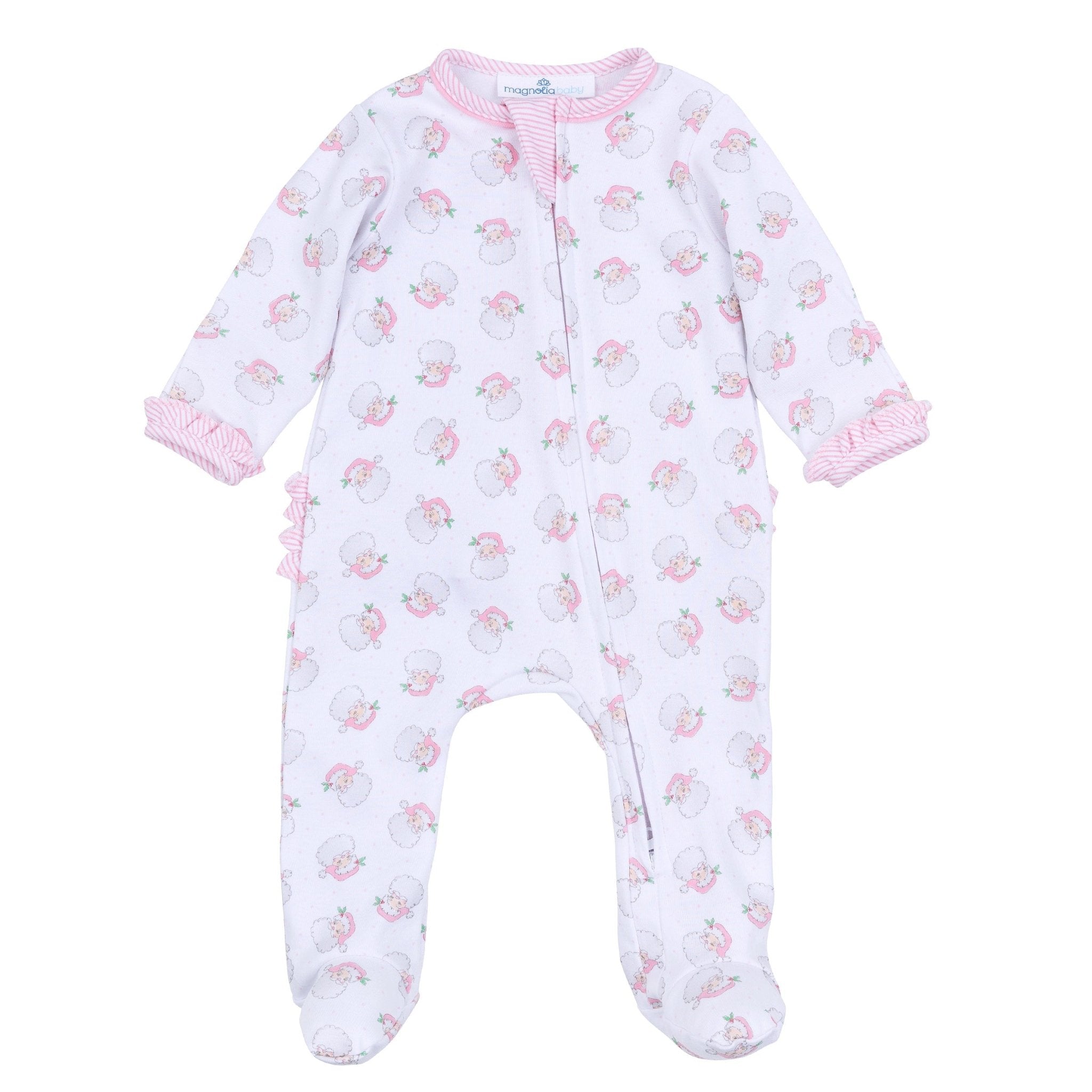 Santa Baby Print Ruffle Zip Footie - Pink - Magnolia BabyFootie
