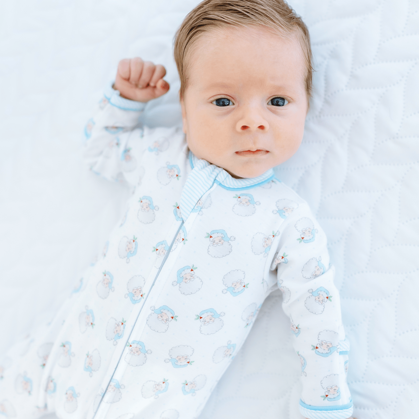 Santa Baby Print Zip Footie - Light Blue - Magnolia BabyFootie