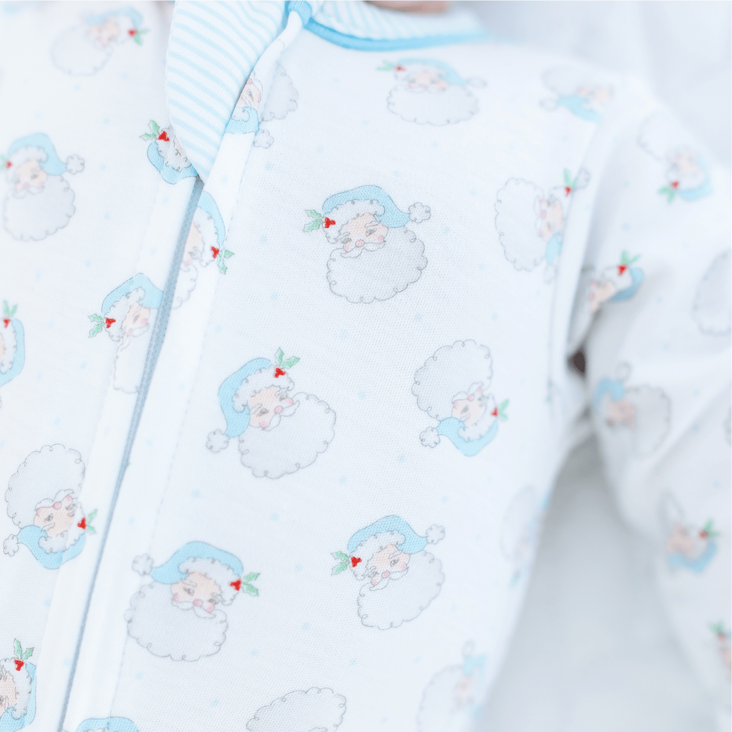 Santa Baby Print Zip Footie - Light Blue - Magnolia BabyFootie
