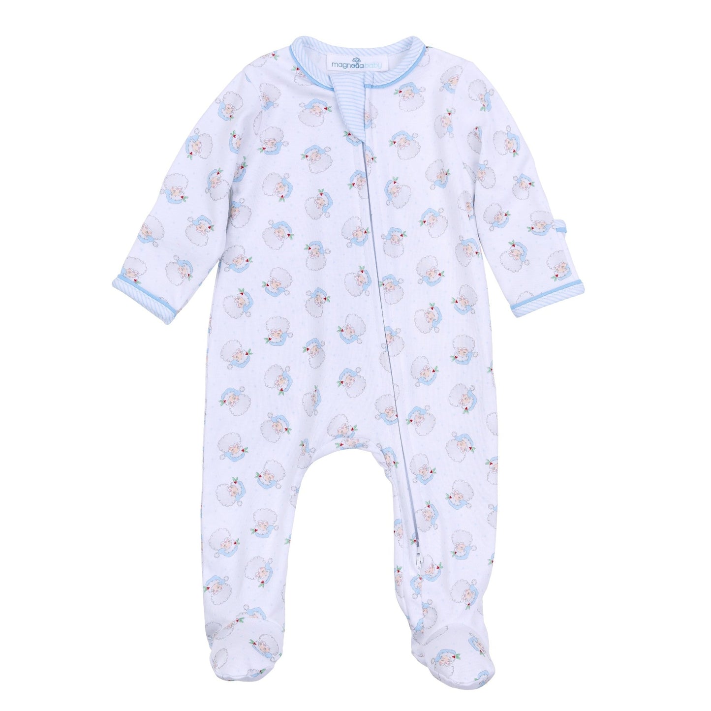 Santa Baby Print Zip Footie - Light Blue - Magnolia BabyFootie