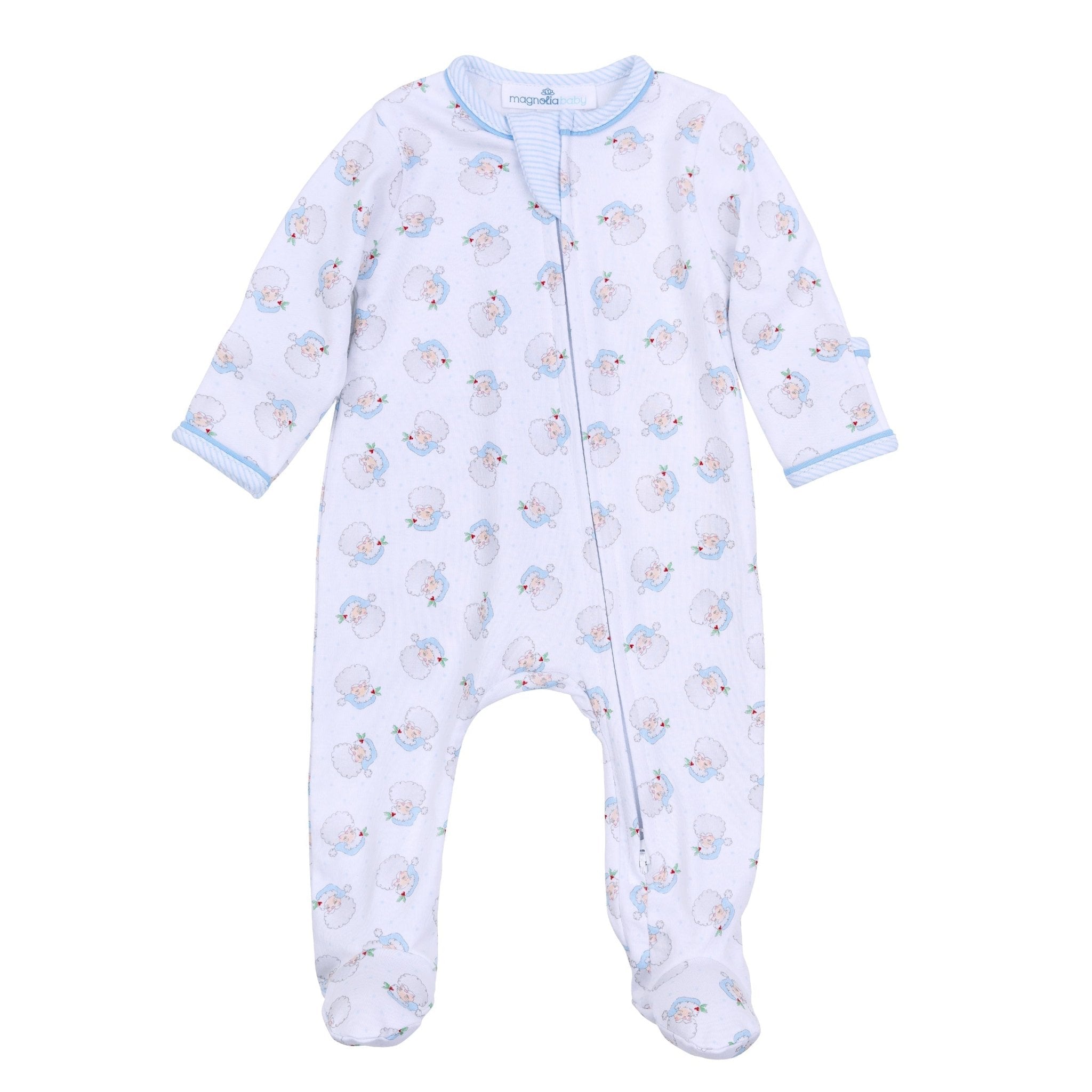 Santa Baby Print Zip Footie - Light Blue - Magnolia BabyFootie