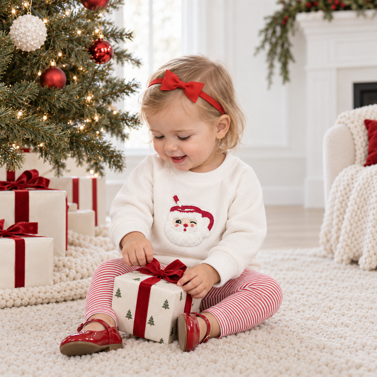 Baby Girl Playwear - Santa's Treat's Sweatshirt and Red Striped Leggings