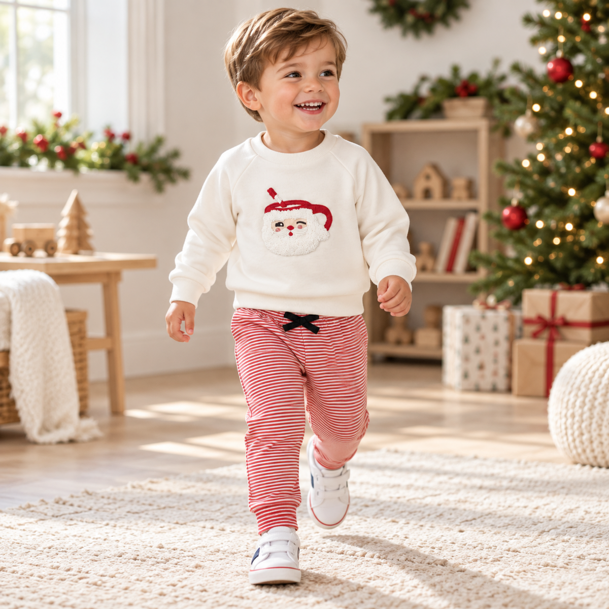 Boy Playwear Set - Santa's Treats Sweatshirt + Red Striped Joggers
